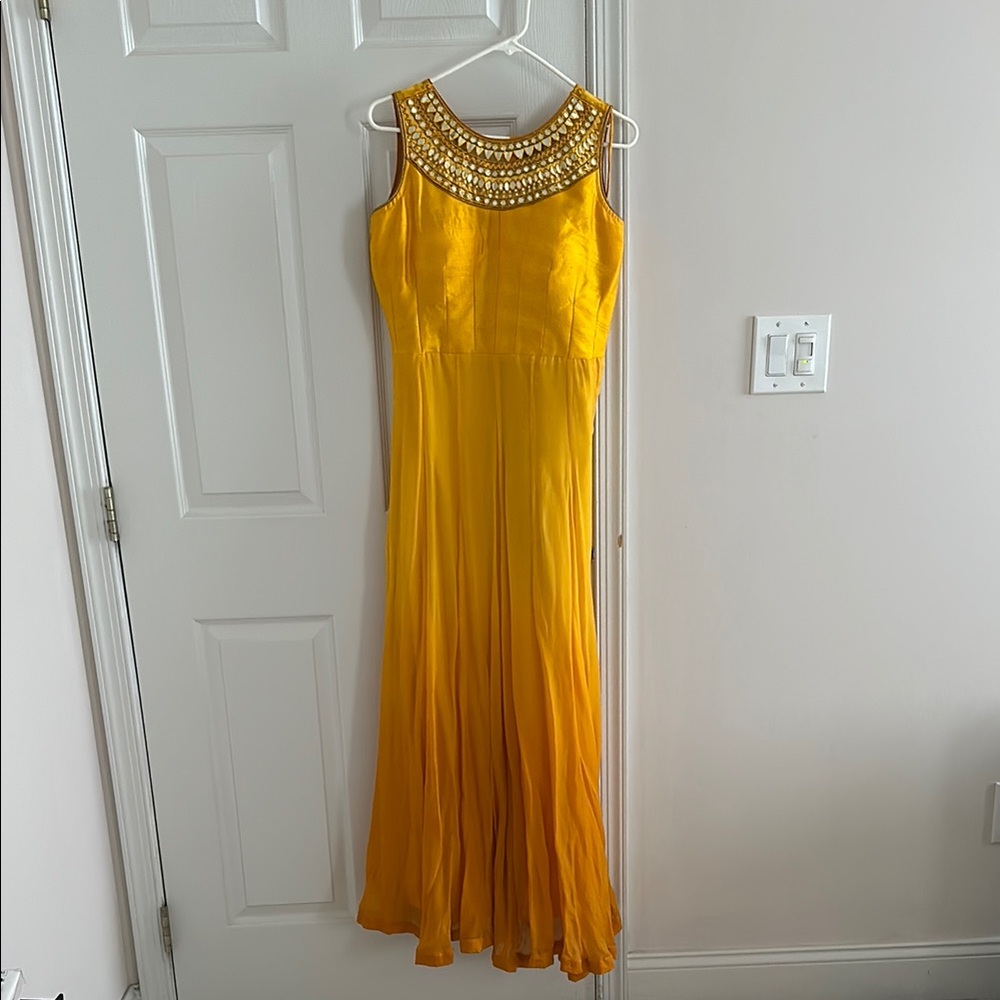 Golden yellow gown with silver sequin design